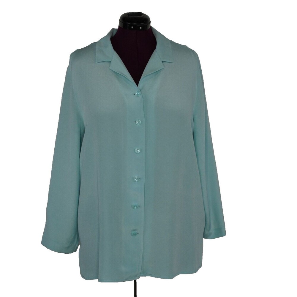 August Max Silk Crepe Blouse 4X Powder Blue Long Sleeves Drawstring Quite Luxury